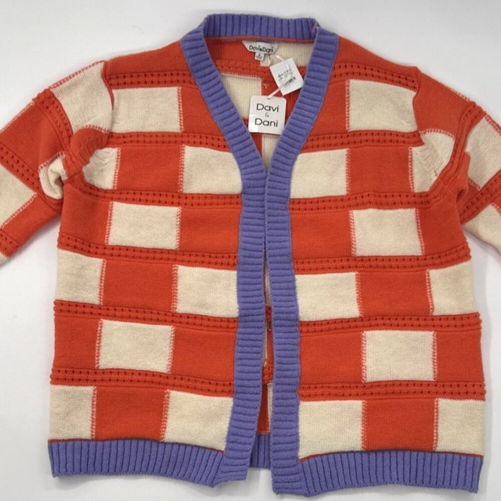 Davi Dani Knit Cardigan Sweater Womens Medium Orange White Check Open Front NEW